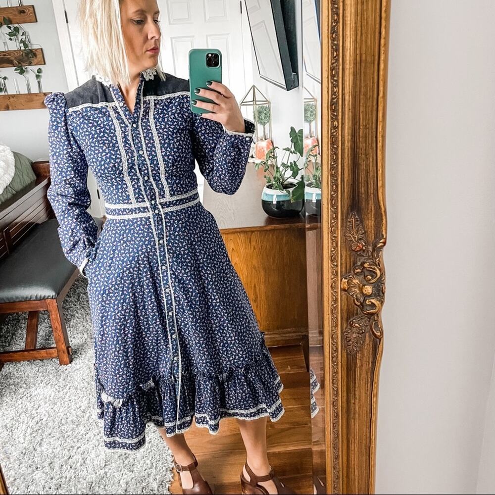 Gunne Sax | 70’s Gunne Sax Edwardian Midi Dress Boho Vintage Cottagecore Lace 9